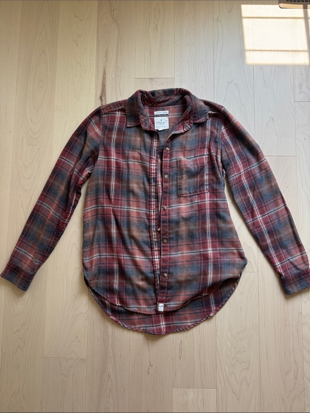 American Eagle Rust Red & Grey Plaid Flannel Shirt